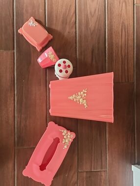 Coral Floral Bathroom Accessory Set Vintage 1950s